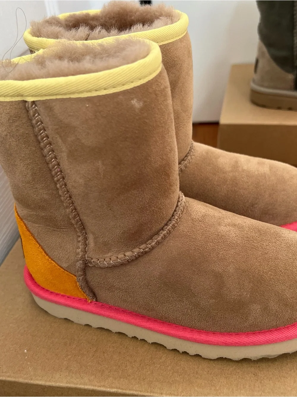 Kids Brown Suede Winter Boots with Pink Trim and Yellow Collar